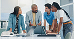 Man, meeting and staff with laptop in office for planning, finance report and review budget. Employees, team and briefing with pc for bookkeeping, company accounts and audit feedback for investment