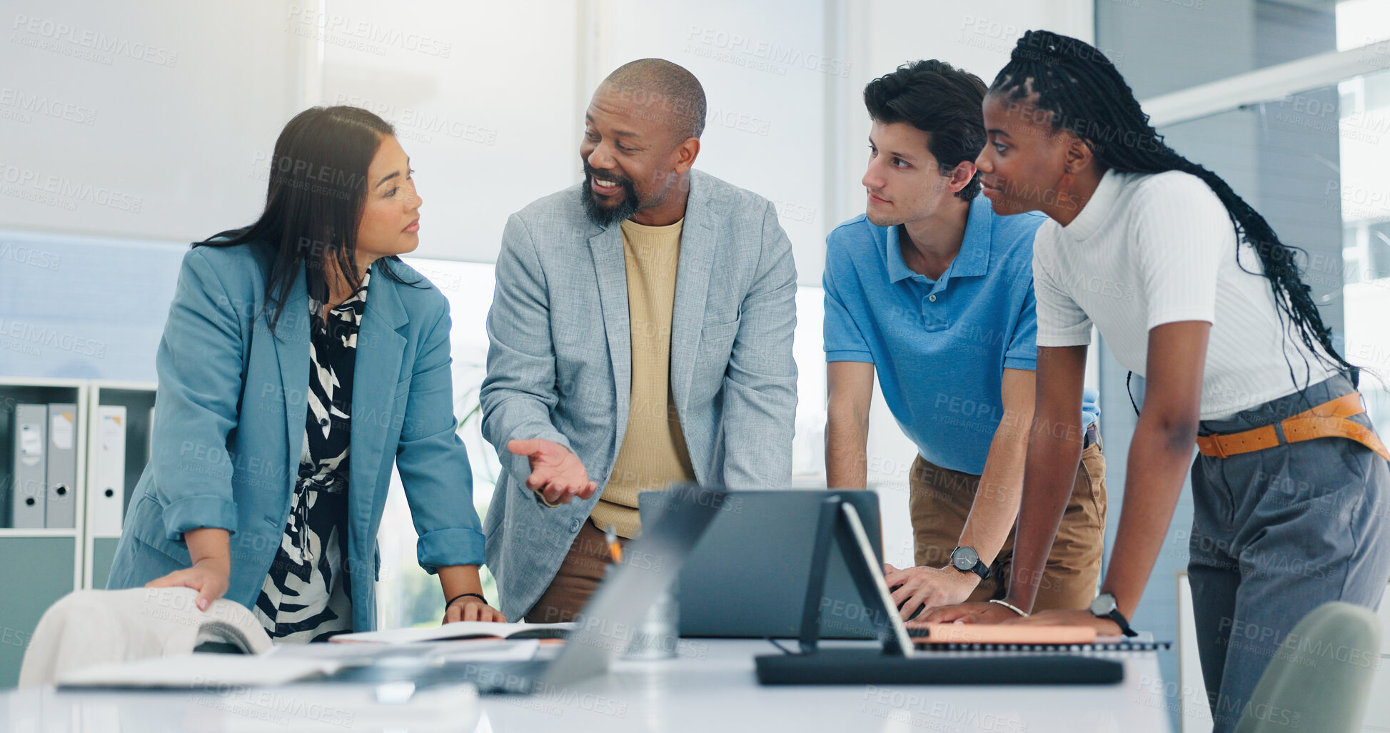Buy stock photo Business, people and listen with laptop in office for planning, finance report and review budget. Staff, team and briefing with pc for bookkeeping, company accounts and audit feedback for investment