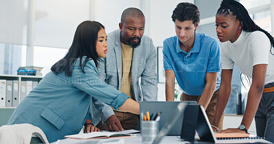 Buy stock photo Business, people and meeting with laptop in office for planning, finance report and review budget. Staff, team and research with pc for bookkeeping, company accounts and audit feedback for investment