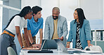Smile, business and people with laptop in office for planning, finance report and review budget. Staff, team and briefing with pc for bookkeeping, company accounts and audit feedback for investment