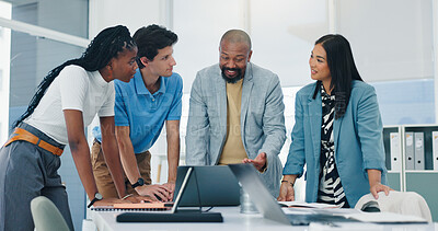 Buy stock photo Smile, business and people with laptop in office for planning, finance report and review budget. Staff, team and briefing with pc for bookkeeping, company accounts and audit feedback for investment