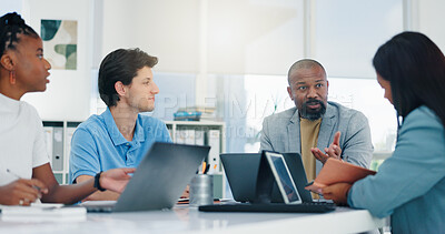 Buy stock photo Team, planning and research with business people in meeting for campaign advisor, project or discussion. Client briefing, public relations agency and press release idea with employees for media pitch
