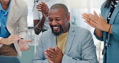 Buy stock photo Man, team and applause with laptop at office for achievement, goals or announcement at media company. Person, group and happy for celebration, support and excited for success at creative agency
