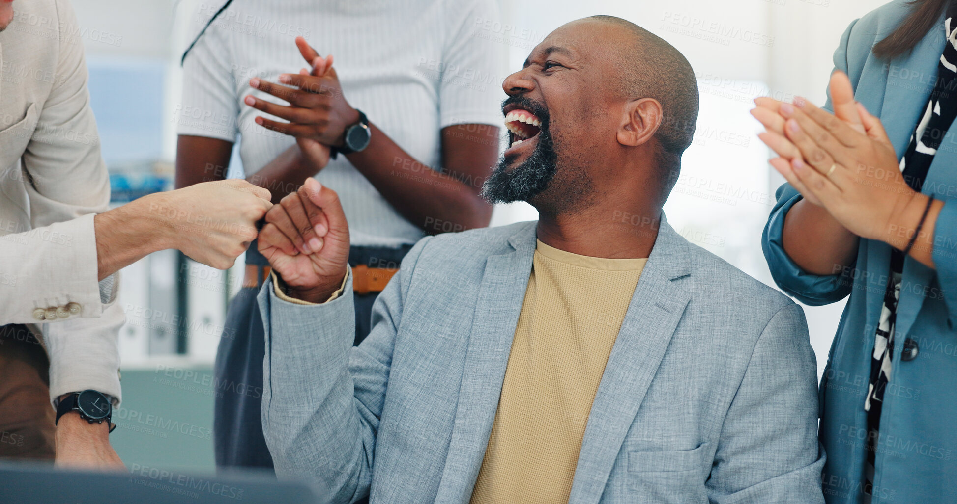 Buy stock photo Man, fist bump and applause with team at office for achievement, goals or announcement at media company. Person, group and happy for celebration, support and excited for success at creative agency