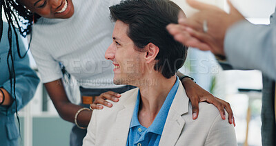 Buy stock photo Man, team and applause with success at office for achievement, goals or announcement at media company. Person, group and happy for celebration, support and excited with good news at creative agency