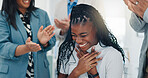 Business woman, team and clapping for promotion with celebration, milestone and employee recognition. Pride, people and applause with praise in office for corporate success, achievement or excellence