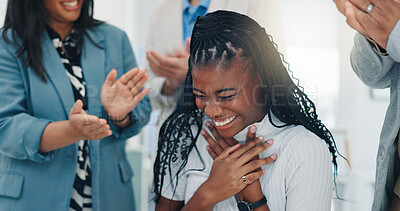 Buy stock photo Business woman, team and clapping for promotion with celebration, milestone and employee recognition. Pride, people and applause with praise in office for corporate success, achievement or excellence