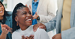 Business woman, team and applause for promotion with celebration, support and employee recognition. Pride, people and happy with clapping in office for corporate success and praise for achievement