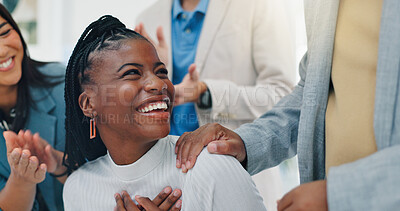 Buy stock photo Business woman, team and applause for promotion with celebration, support and employee recognition. Pride, people and happy with clapping in office for corporate success and praise for achievement