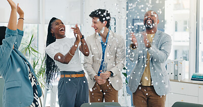 Buy stock photo People, team and celebration with confetti at office for success, goals and achievement at company. Men, women and happy group with cheers, applause or excited for project approval at creative agency