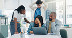 Woman, stress and crisis with team, laptop and stock market trading with support for mistake at office. Person, computer and sad with 404 glitch, error and lost profit with group at investment agency