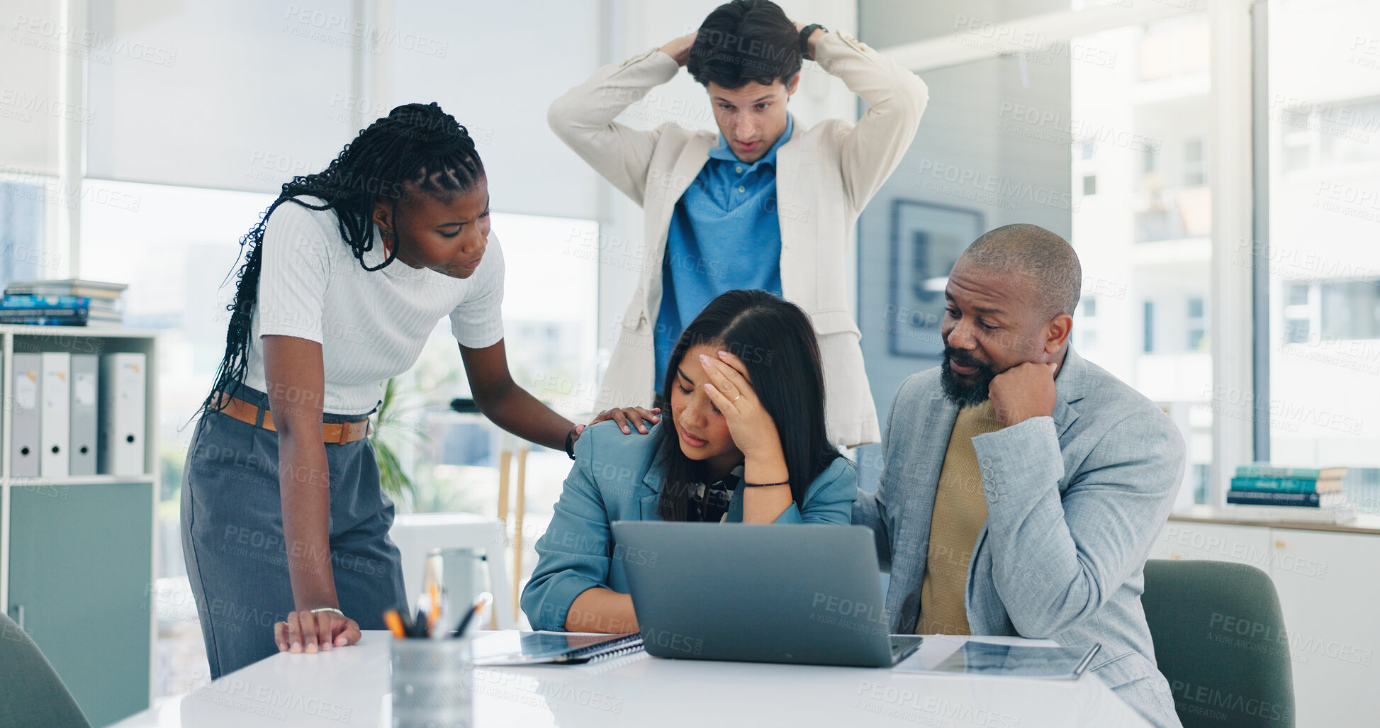 Buy stock photo Woman, stress and crisis with team, laptop and stock market trading with support for mistake at office. Person, computer and sad with 404 glitch, error and lost profit with group at investment agency