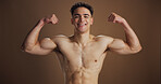 Portrait, man and flexing arms in studio background for exercise, fitness process and training results. Male person, bodybuilder and shirtless for strong muscles, bicep power and confidence of growth