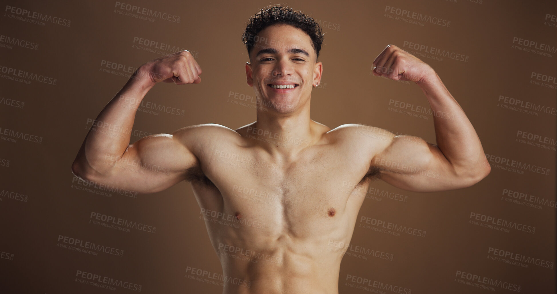 Buy stock photo Portrait, man and flexing arms in studio background for exercise, fitness process and training results. Male person, bodybuilder and shirtless for strong muscles, bicep power and confidence of growth