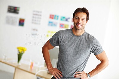 Buy stock photo Creative, office and portrait of man with smile for career, pride and work at startup company. Designer, face and employee with confidence at job for business, entrepreneurship and agency in Canada