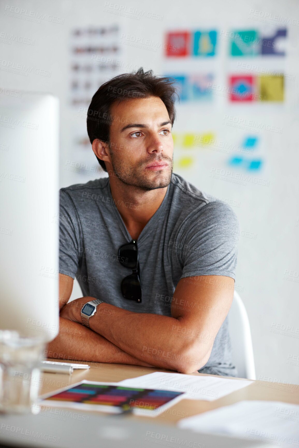 Buy stock photo Computer, thinking and business man for online project, website design and digital brainstorming or brand solution. Young person, designer or worker on desktop pc with startup planning and vision