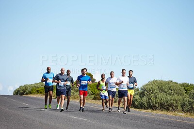 Buy stock photo Group, fitness and people with running in road for marathon workout, competition training and body endurance. Blue sky mockup, men and exercise for race performance, sports challenge and club cardio
