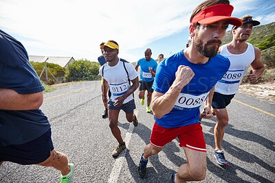 Buy stock photo People, running competition and outdoor for fitness, cardio challenge and road for endurance. Athletes, training contest and group for workout in nature, international tournament and sports marathon