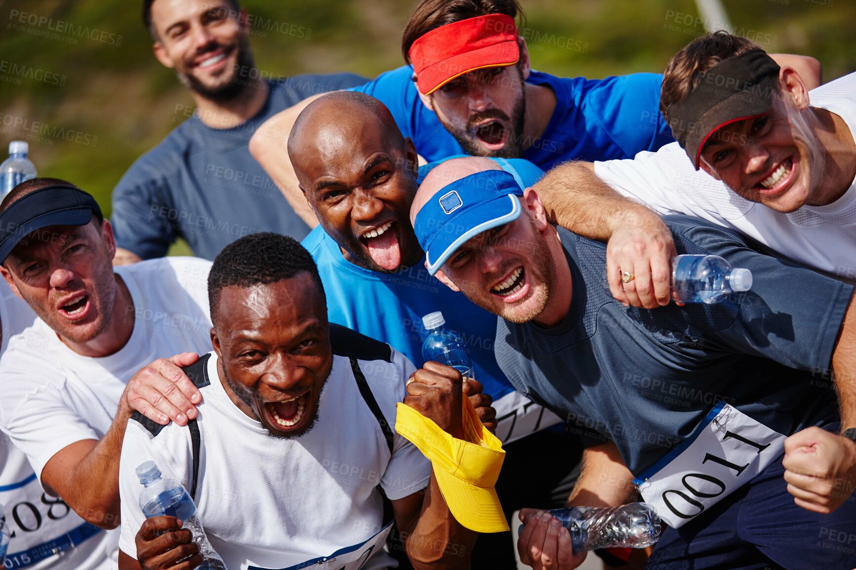 Buy stock photo Excited winner, people and sport marathon outdoor with competition energy, race celebration and club pride. Men, group or diversity runner with fitness portrait, sports passion and contest champions