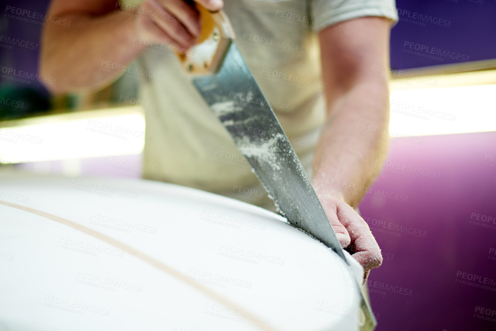 Buy stock photo Hands, person and cutting surfboard in workshop for custom design, shaping guide and repair work. Worker, carving equipment and board for crafting process, diy restoration and manufacturing precision