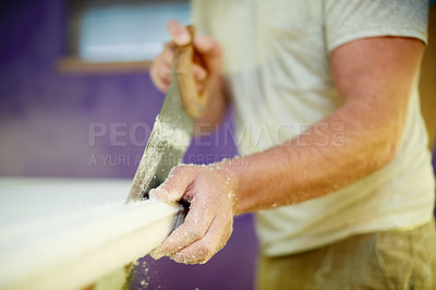 Buy stock photo Hands, person and cutting surfboard with tools for custom design, shaping guide and repair work. Worker, carving equipment and board for crafting process, diy restoration and manufacturing precision