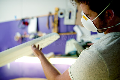 Buy stock photo Man, inspection and foam with sanding, surfboard and tools for skills, talent and hobby. Workshop, artist and entrepreneur with craftsman for design manufacturing and custom work for artisan craft