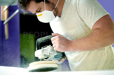 Buy stock photo Artisan, tools and person in manufacturing with sanding machine, handmade and working in industry. Production, startup or man in workshop with equipment, polish or smoothing for surfboard repair job.