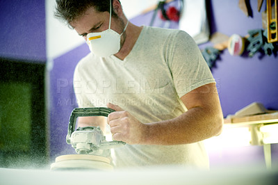 Buy stock photo Man, tools and foam with sanding, surfboard and creativity for skills, talent and hobby. Workshop, artist and entrepreneur with craftsman for design manufacturing and custom work for artisan craft