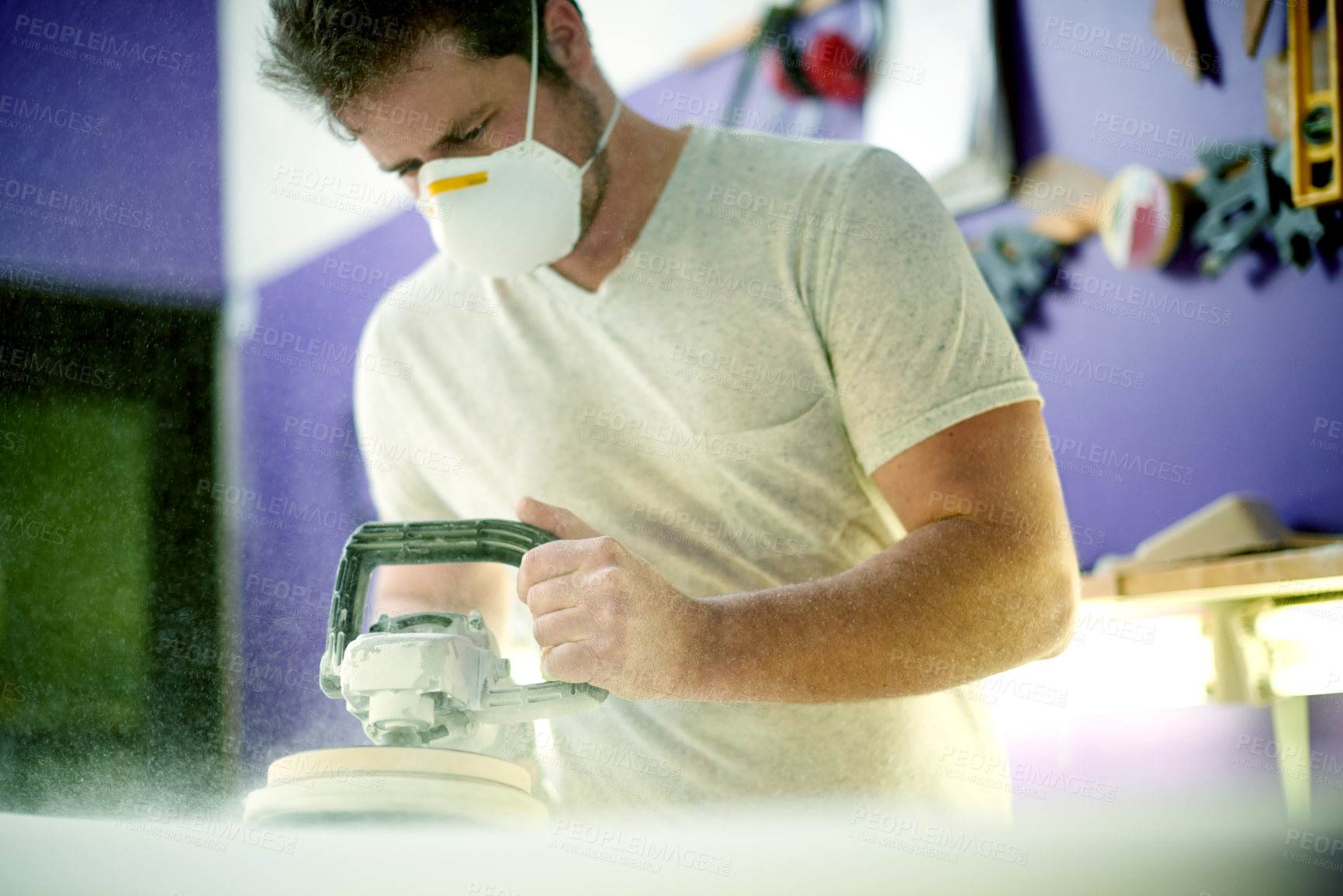 Buy stock photo Man, tools and foam with sanding, surfboard and creativity for skills, talent and hobby. Workshop, artist and entrepreneur with craftsman for design manufacturing and custom work for artisan craft