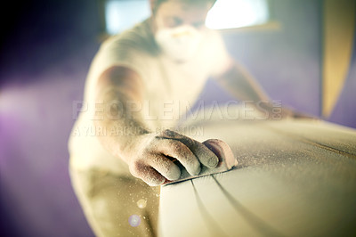 Buy stock photo Surfboard, hands or man sanding in workshop for manufacturing, design or polish. Surf, person or tools to shape blank with block, smooth or production process with dust on foam for creative handcraft