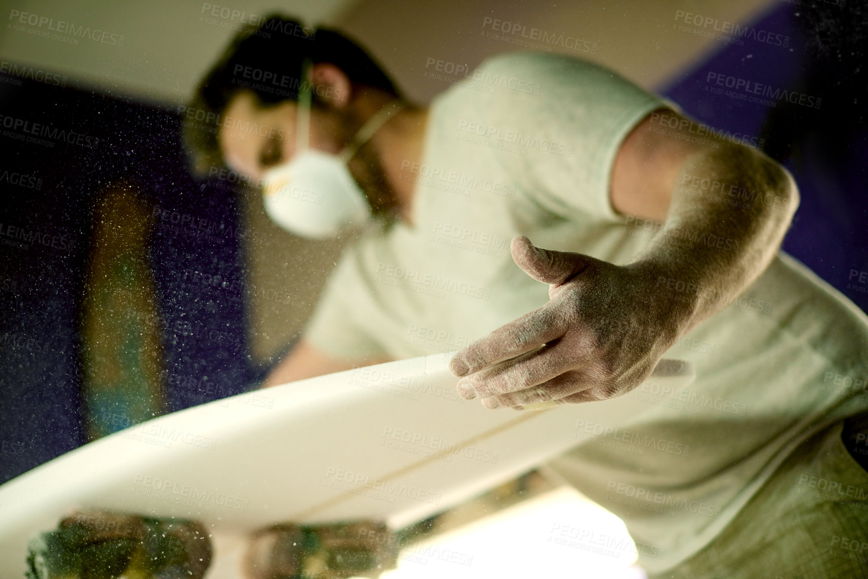 Buy stock photo Man, hands and craftsman with foam, surfboard and creativity for skills, talent and hobby. Person, artist and entrepreneur with dust for design manufacturing and custom work for artisan craft