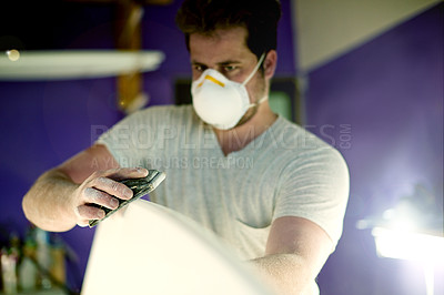 Buy stock photo Man, sanding and craftsman with foam, surfboard and creativity for skills, talent and hobby. Person, artist and entrepreneur with workshop for design manufacturing and custom work for artisan craft