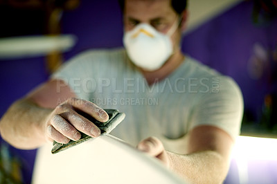 Buy stock photo Hands, sanding and workshop with foam, surfboard and creativity for skills, talent and hobby. Man, artist and entrepreneur with craftsman for design manufacturing and custom work for artisan craft