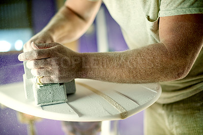 Buy stock photo Hands, sanding and process with foam, surfboard and creativity for skills, talent and hobby. Man, artist and entrepreneur with craftsman for design manufacturing and custom work for artisan craft