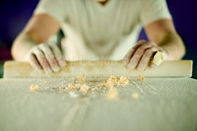 Buy stock photo Hands, person and sanding surfboard with tool to smooth surface, shaping process and repair texture. Burnisher, wood or skill for diy restoration, board maintenance and polish craft to prepare finish