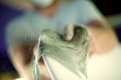 Buy stock photo Hands, person and sanding surfboard with cloth to smooth surface, shaping process and repair work. Man, face mask or material for diy restoration, board maintenance and polish craft to prepare finish