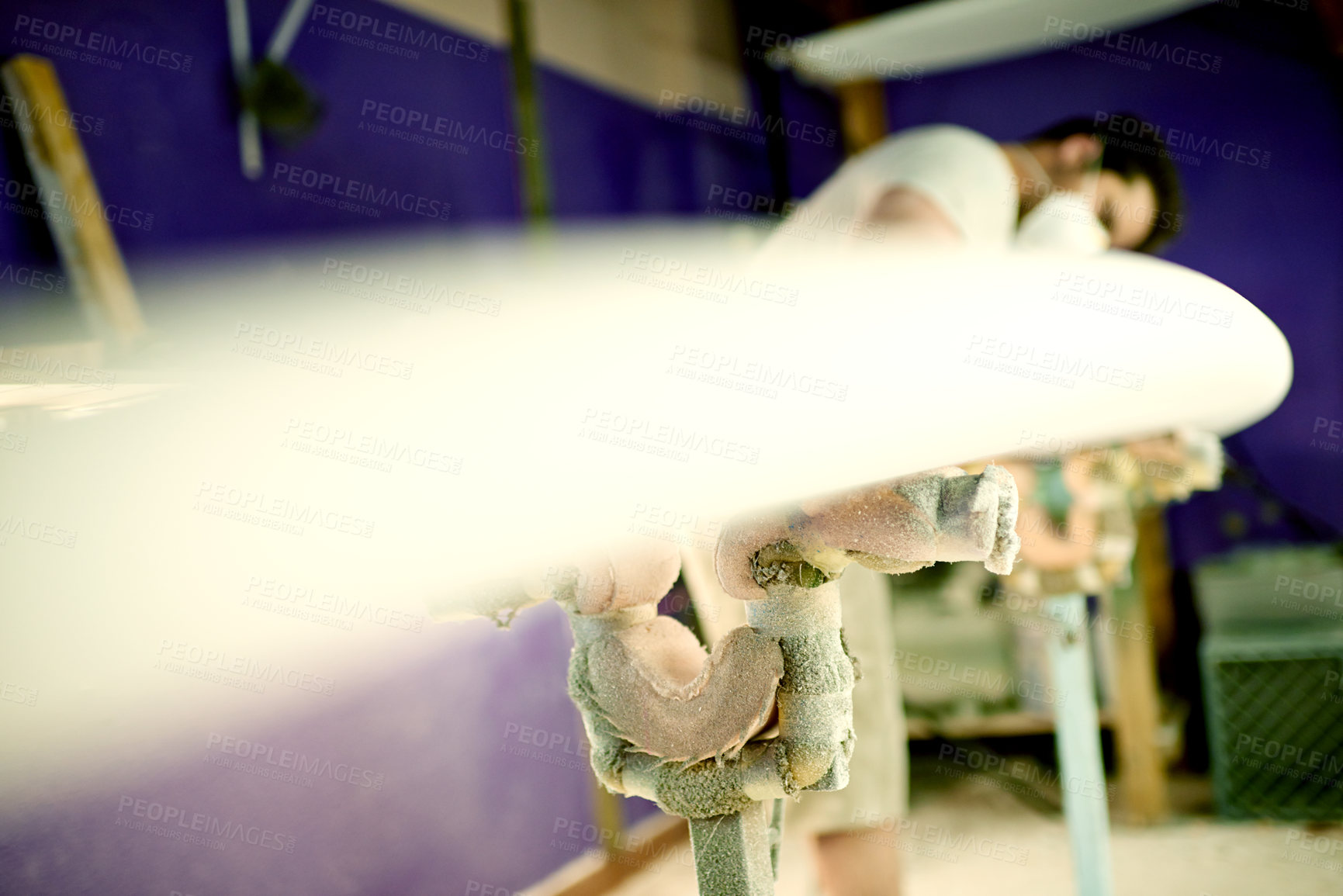 Buy stock photo Man, workshop and craftsman with foam, surfboard and creativity for skills, talent and hobby. Person, artist and entrepreneur with material for design manufacturing and custom work for artisan craft