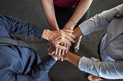 Buy stock photo Collaboration, hands and above stack for business people with motivation, support and agreement. Office, company huddle and top view of workers together for teamwork, partnership and commitment
