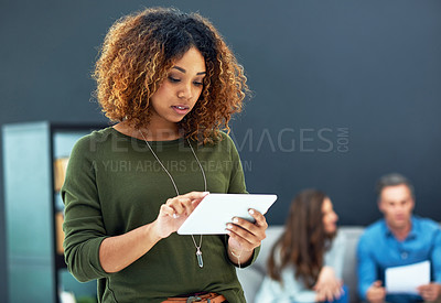 Buy stock photo Business, tablet and woman in workplace, internet and creative agency with email for proposal. People, employee and person with tech, online schedule or website info for project or digital marketing