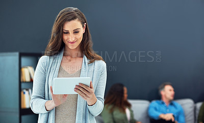 Buy stock photo Meeting, reading and woman in office with tablet, space and career pride for startup growth. Smile, team and project manager in workplace with tech, support or research for small business development