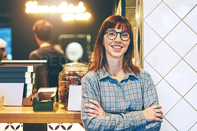 Buy stock photo Arms crossed, portrait and smile of woman in coffee shop for service as small business owner. Happy, hospitality and satisfaction with proud entrepreneur in cafe or restaurant for startup management