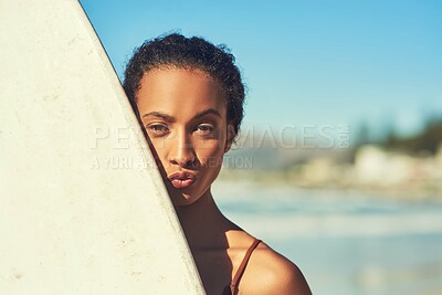 Buy stock photo Portrait, surfer and woman at beach on summer vacation, holiday and travel. Surfboard, face and tourist at ocean outdoor for fitness, exercise and girl pout on adventure in Mauritius for water sport