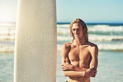 Buy stock photo Man, surfboard and happy portrait on beach for summer vacation, travel adventure and water hobby. Surfer, topless and male person by ocean for surfing sport, wellness and fun holiday in Los Angeles
