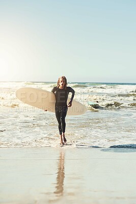 Buy stock photo Portrait, man and surfer walking at sea on summer vacation, holiday and travel in California. Surfboard, person and beach for fitness, workout and exercise for water sport on blue sky mockup space