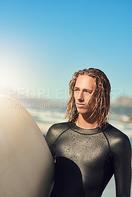 Buy stock photo Man, thinking and board for surfer at sea, workout and training for water sports on island. Male person, mockup space and travel to ocean or water for wave, planning and serious athlete for exercise