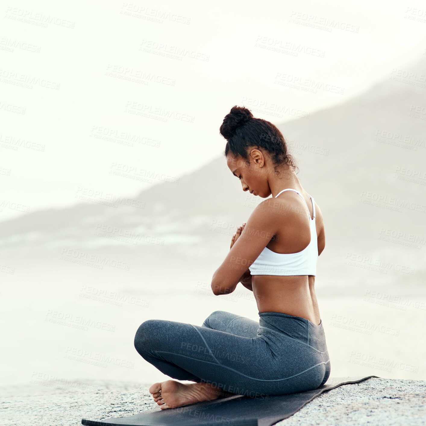 Buy stock photo Fitness, meditation and yoga with woman on beach for mental health, peace or wellness in morning. Exercise, training and zen with sporty person on mat at coast by ocean or sea for balance and mindset