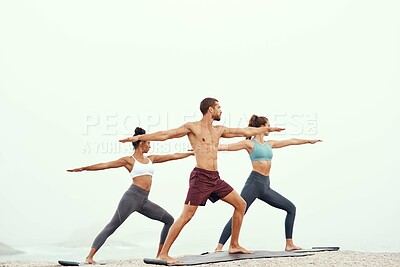 Buy stock photo People, stretching and yoga at beach for fitness, exercising and mindfulness or wellness outdoor. Training, friends or man and women with cardio for flexibility, strength and balance or mental health