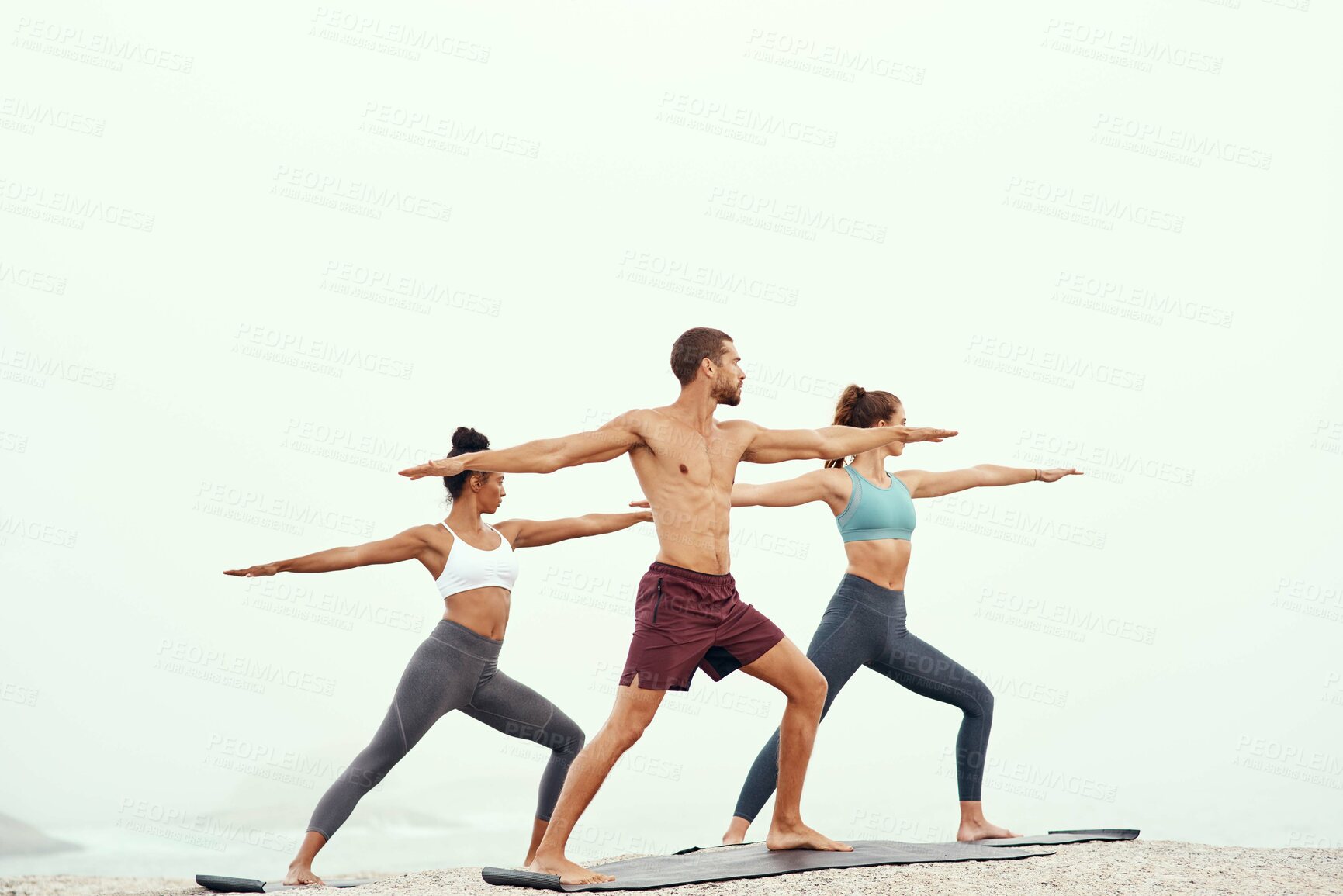 Buy stock photo People, stretching and yoga at beach for fitness, exercising and mindfulness or wellness outdoor. Training, friends or man and women with cardio for flexibility, strength and balance or mental health