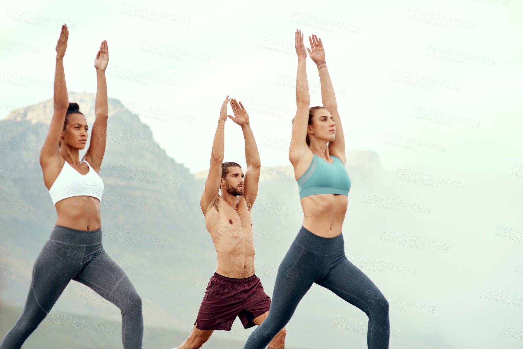 Buy stock photo People, stretching and yoga outdoor for exercise, fitness and mindfulness or wellness at beach. Training, friends or man and women meditate for flexibility, spiritual strength and mental health