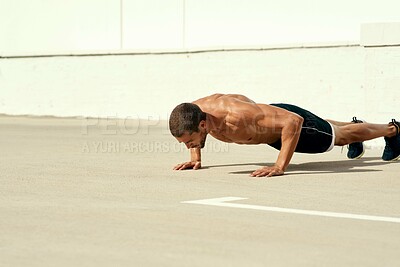 Buy stock photo Male athlete, pushups and cardio in sports, exercise and fitness in outdoor with performance or commitment. Healthy, man and energy in workout, body and wellness for training, muscles and strong